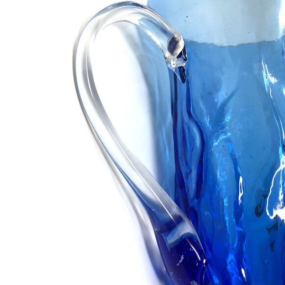 Studio Art Glass Pitcher Hand Blown Textured Ombre Blue Clear Handle 7" Tall - Picture 7 of 12
